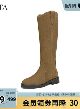 TATA他她超模靴英伦长筒靴女靴棕色V口真皮西部靴早秋季7TGA6DG4