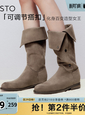 百思图冬季新款时尚简约街头弹力靴高筒靴粗跟女长靴W2671DG4