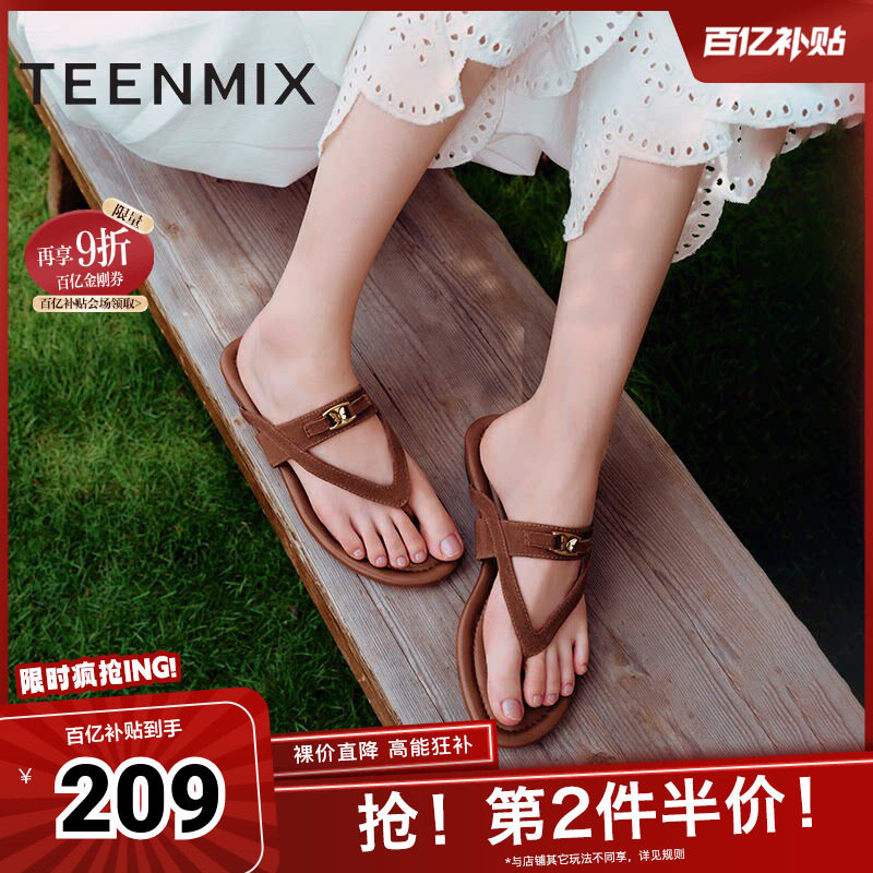 天美意复古一字拖夹趾海边度假平底拖鞋女外穿人字凉拖夏季新款