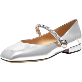 百思图南法庄园24秋商场新款银色玛丽珍小皮鞋女法式单鞋A2363CQ4