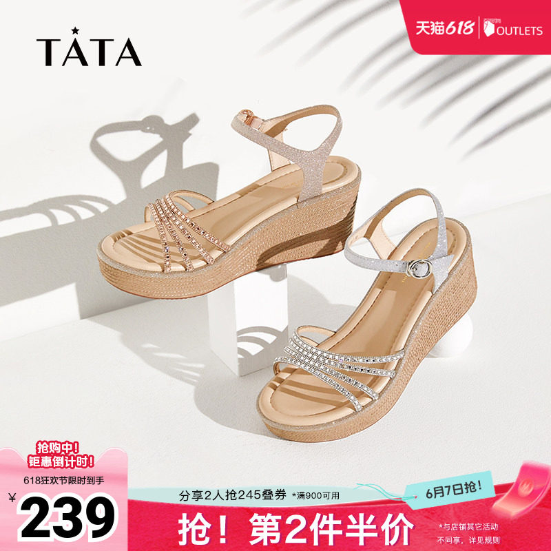 Tata他她绝美坡跟凉鞋女奥莱一字带时装凉鞋春季新款7MY14BL4