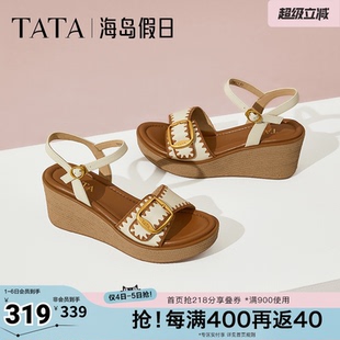 TATA他她海岛假日法式 女鞋 度假一字带凉鞋 夏7MYA1BL5奥莱 坡跟凉鞋