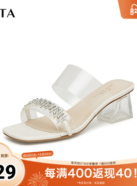 Tata他她一字带粗跟拖鞋女外穿法式透明底凉拖2025秋新款UFL02BT4