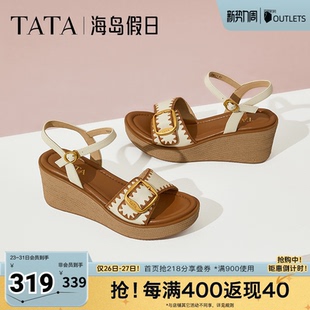 度假一字带凉鞋 女鞋 夏7MYA1BL5奥莱 坡跟凉鞋 TATA他她海岛假日法式