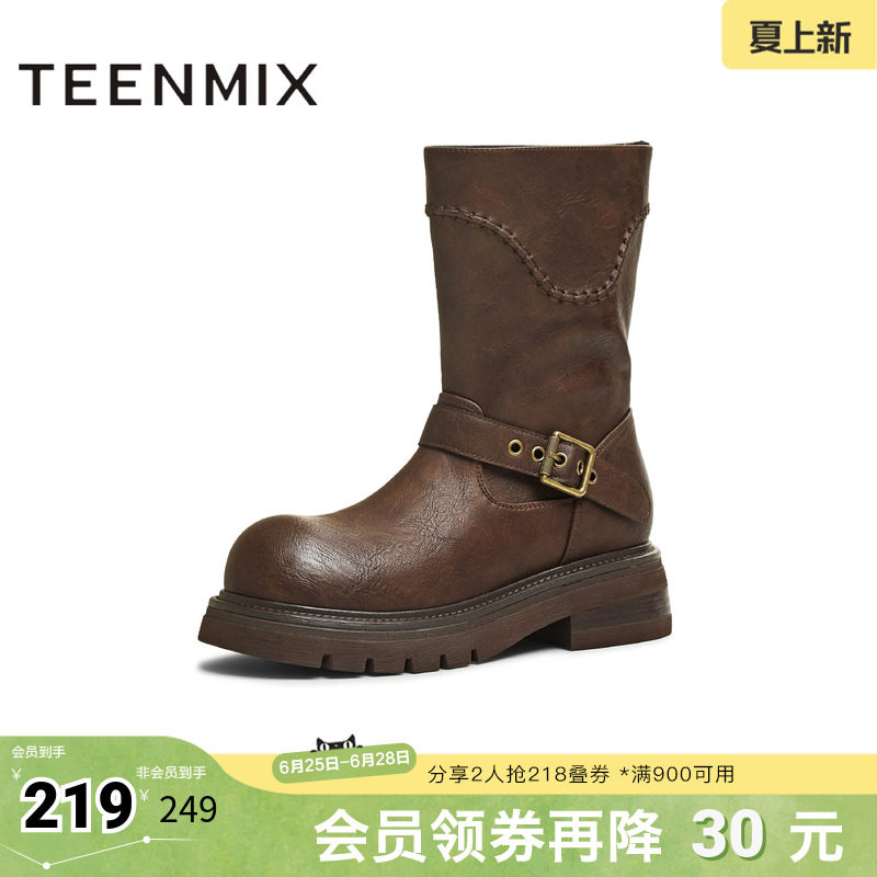 天美意冬新款商场同款圆头粗跟复古长靴女骑士靴BM352DZ5