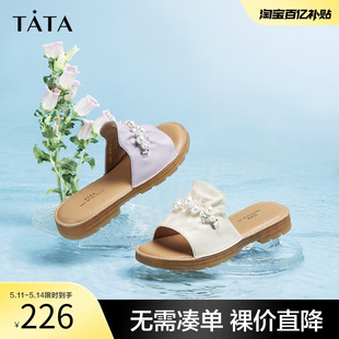 夏季 Tata他她一字拖鞋 女平底春季 YBE03BT3 女外穿奥莱牛皮凉鞋 新款