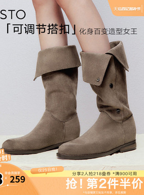 百思图冬季新款时尚简约街头弹力靴高筒靴粗跟女长靴W2671DG4