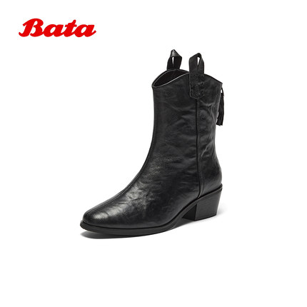 Bata西部靴女2025冬季商场新款羊皮百搭复古牛仔时装靴8931DDS5