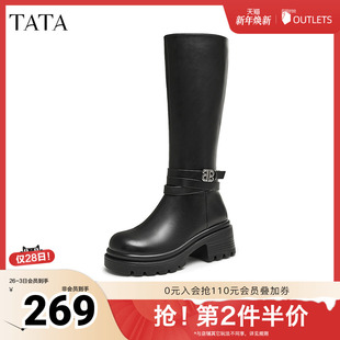 TATA他她英伦风粗跟骑士靴女靴子黑色长筒靴冬季 CFB01DG4 新款