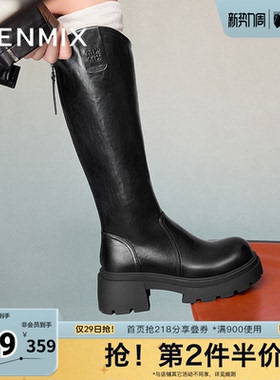 天美意复古厚底骑士靴长靴女鞋高筒时装靴皮靴冬新款KTX14DG4