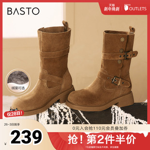 靴BP310DZ4 西部牛仔靴粗跟复古圆头废土风时装 百思图冬季 新款