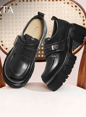 TATA他她小皮鞋2026春季新款豆豆鞋黑色厚底女鞋乐福鞋子CHY07AM6