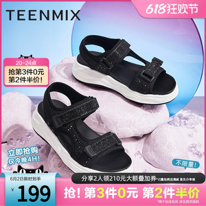 天美意厚底运动凉鞋女沙滩鞋魔术贴松糕商场同款CN101BL2奥莱