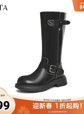 TATA他她米奇靴机车长筒靴女显瘦黑色靴子骑士靴冬新CX602DG4