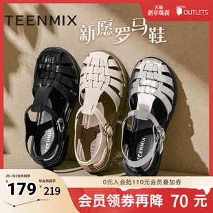 新款 天美意复古包头罗马凉鞋 夏季 女平底休闲凉鞋 COY32BH4 猪笼鞋