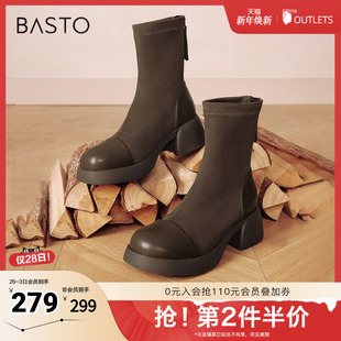 简约休闲弹力靴粗跟女短靴O5399DD4 商场同款 百思图冬季 新款