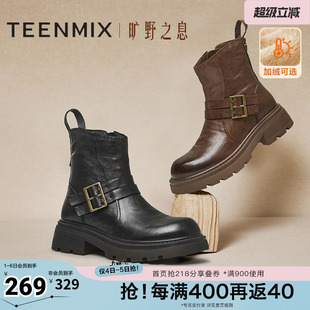 天美意复古西部靴厚底骑士靴女时装 BK061DZ4 靴短靴皮靴冬新款