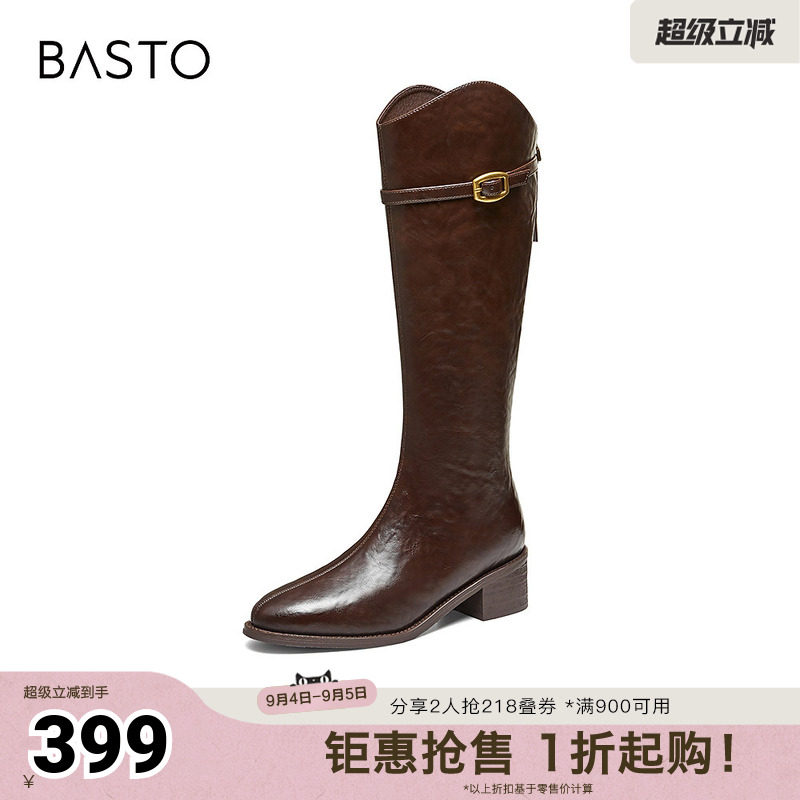 百思图2026冬季新款骑士靴时尚潮流复古街头女长靴F6530DG6