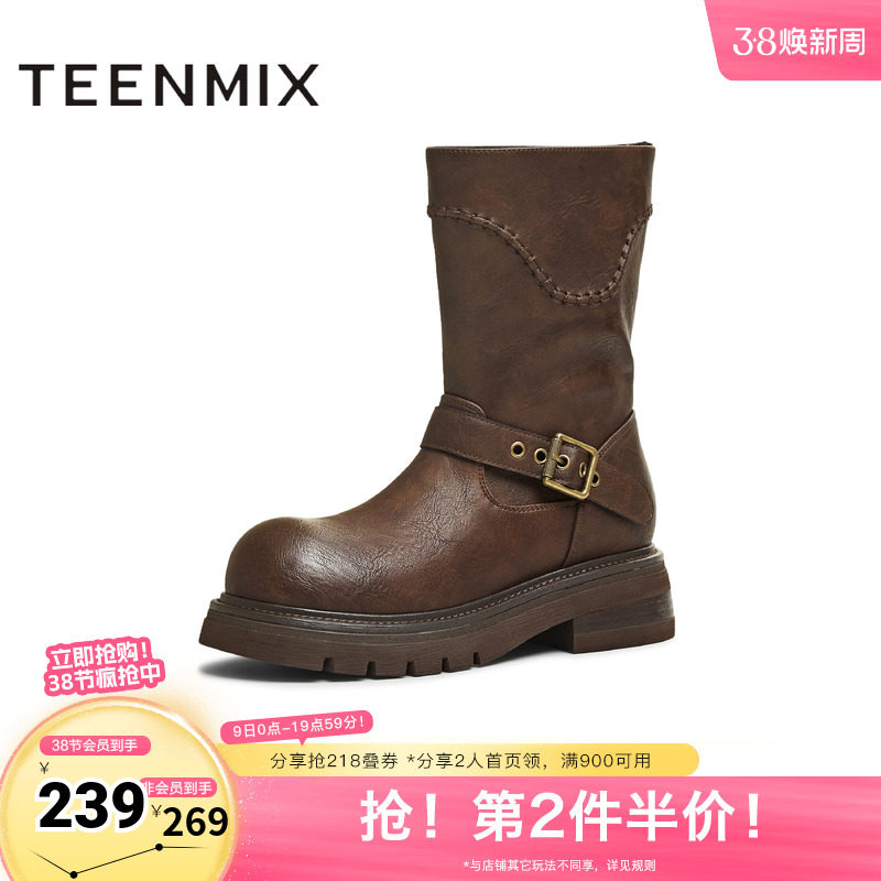 天美意冬新款商场同款圆头粗跟复古长靴女骑士靴BM352DZ5