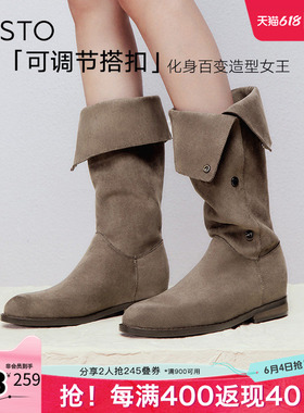 百思图冬季新款时尚简约街头弹力靴高筒靴粗跟女长靴W2671DG4