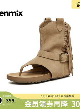 天美意2026夏新款凉靴复古夹趾流苏皮带扣套筒女勃肯鞋KK092BB6