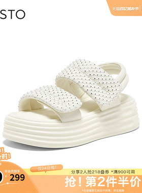 百思图夏季新款商场同款休闲百搭凉鞋时尚厚底增高女凉鞋X5135BL5