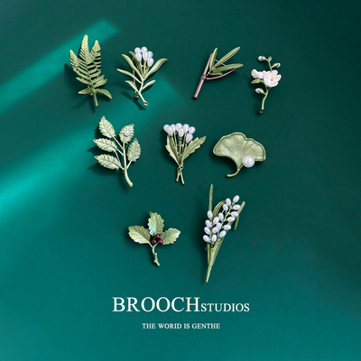 brooch绿色植物个性金属珍珠胸针