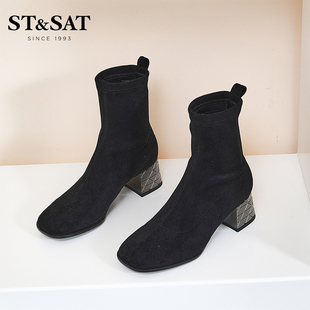 星期六弹力靴袜靴女秋冬新英伦风显瘦中粗跟瘦瘦靴SS24116545