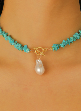 female ethnic style pearl pendant collarbone Beaded necklace