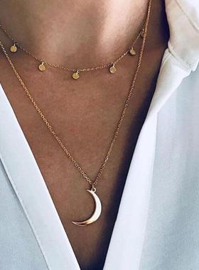 欧美锁骨链女双层个性月亮项链
