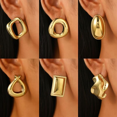Gold irregular oval steel Retro stud earrings Punk Hip Hop