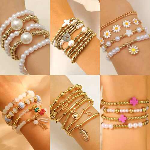 woman New Jewelry Imitation Pearl Set Cold Elastic Bracelet