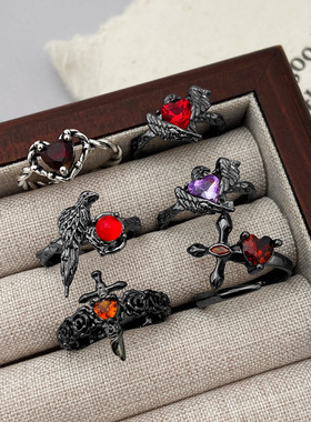 Gender Punk Red Diamond Open Ring Men Vintage Ring复古戒指女