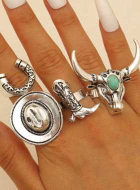 Retro Western Cowboy Boots Hat Tauren Set Ring Female Punk
