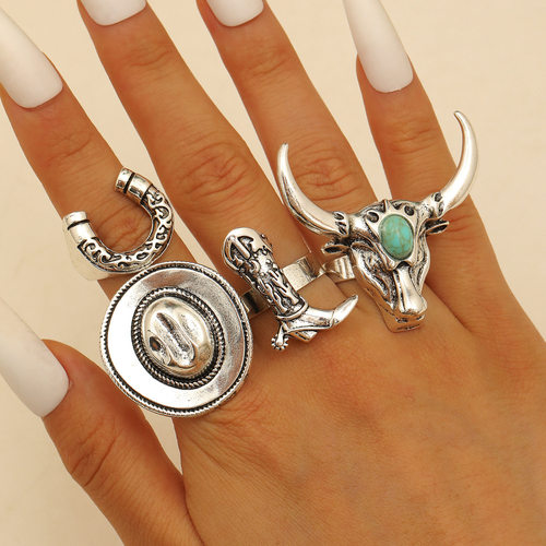 Retro Western Cowboy Boots Hat Tauren Set Ring Female Punk