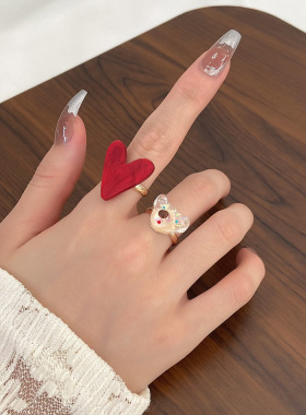Red big heart ring bear index finger ring female大爱心戒指