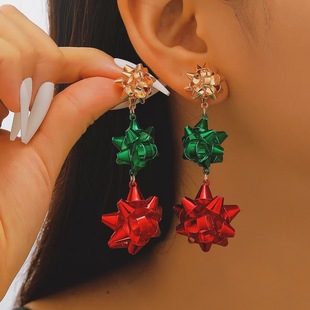 Women's Christmas earrings with colorful red green flowers