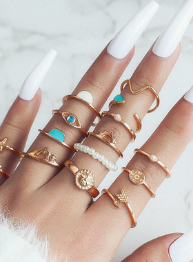 European American New Ring 16 Piece Set 复古太阳眼睛戒指套装