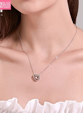 Girls Simple Rhinestone Double Heart Necklace Bridal Jewelry