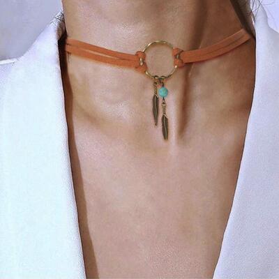 clavicle chain retro necklace leaf pendant leather choker 新
