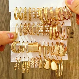 Ear exaggerated Women pearl earrings retro ring set 耳环圈