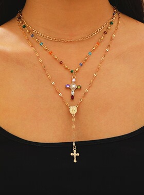 women's colorful cross pendant Y-shaped tassel necklace 项链