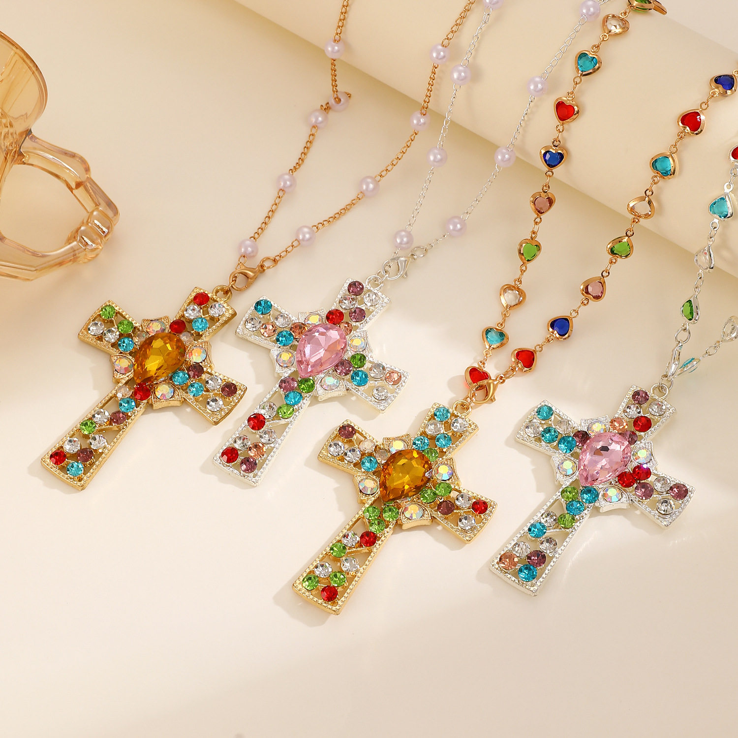 Bohemia Necklace Cross Pendant Colored Pearl Necklace Female