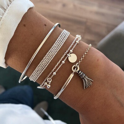 Simple silver smooth tassel bracelet multi-layer bangle set