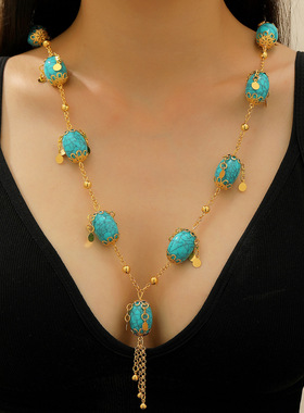 Ethnic retro green long necklace flower tassel turquoise项链