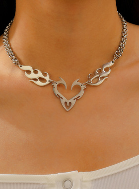 New retro flame totem necklace hip-hop heart pendant欧美项链
