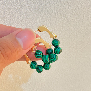 Women French style retro green round bead earrings 绿色耳环