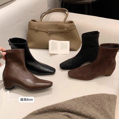 法式复古增高6cm~尖头加绒瘦瘦粗跟百搭休闲短靴女2025新款冬靴子