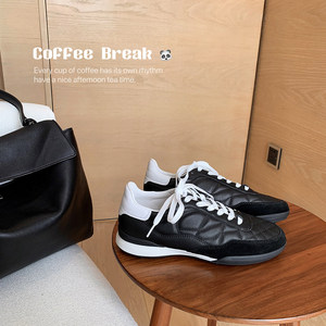 复古真皮小香风菱格系带休闲运动鞋真皮厚底跑步鞋德训鞋女小白鞋