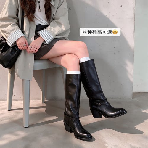 缪斯绑带尖头7cm中高筒骑士靴